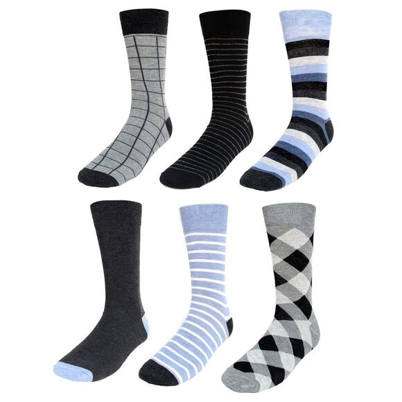 Mens Argyle & Striped Print 6-Pack Blue Black Gray Crew Socks - Picture 5 of 5